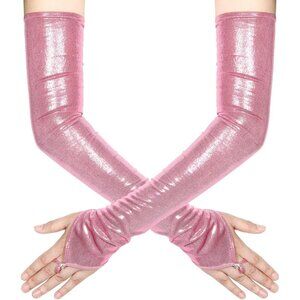 Women's Pink Shiny Elastic Satin Rave Fingerless Long Gloves Party Costume